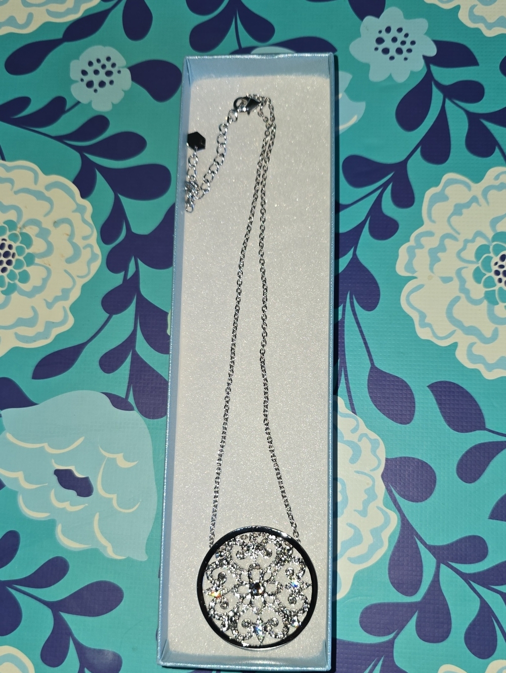 Filigree Medallion: Crystal, Rhodium Plating  necklace 15" To 18"